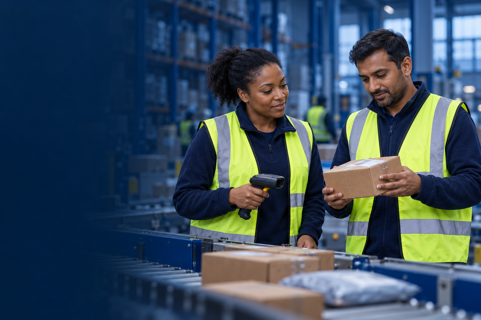 Two warehouse colleagues in yellow high-vis vests working with parcels